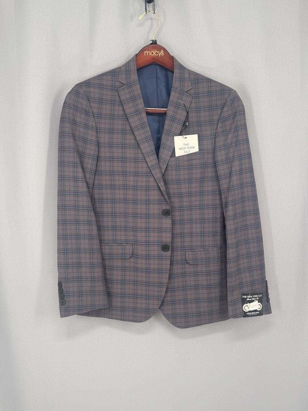 Nick Graham Suit Jacket Mens 36 S Gray Blue Plaid Slim Fit Blazer Lined